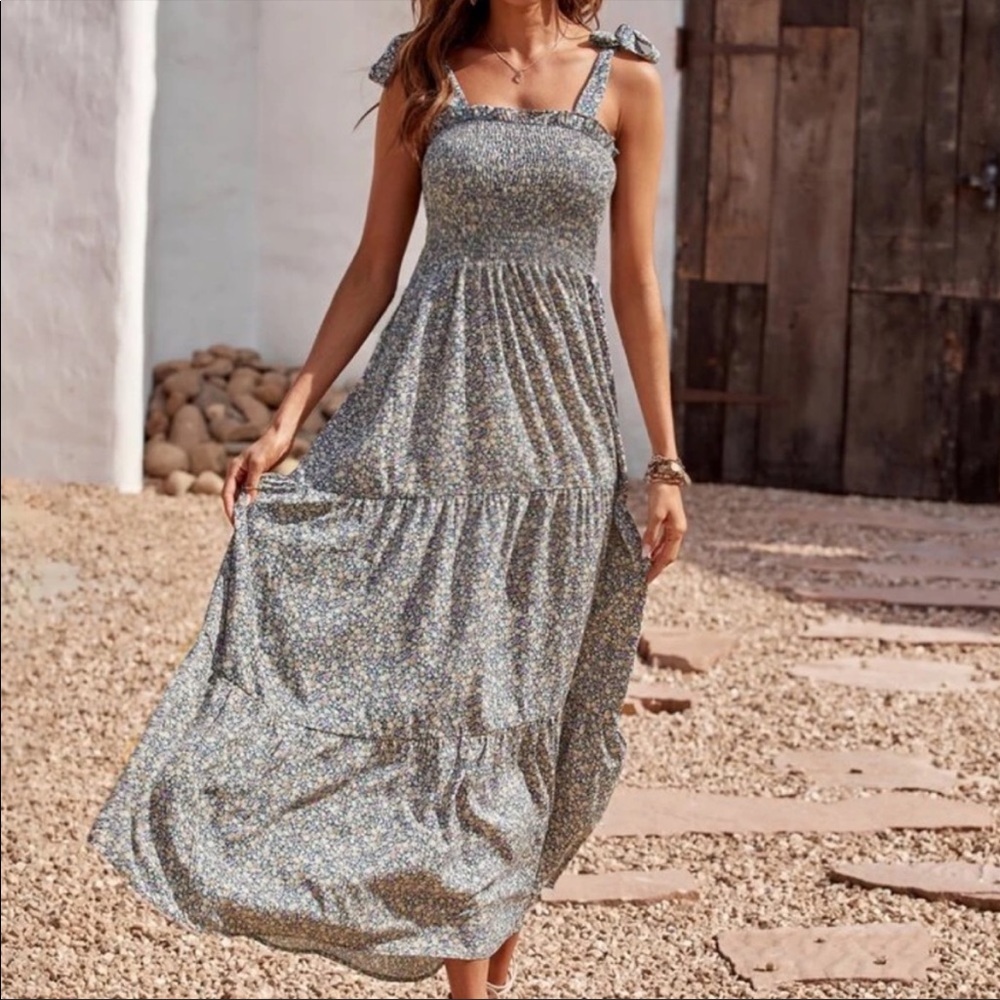 Boho floral tie shoulder shirred ruffle hem dress - Picture 1 of 13